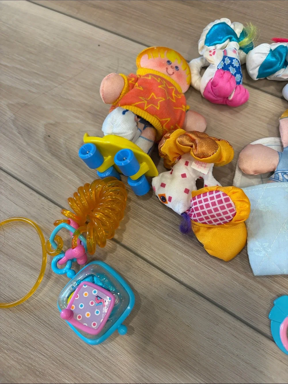 Vintage Fisher-Price Smooshees Colorful Plush Baby Toy Set in Yellow, Blue, Pink
